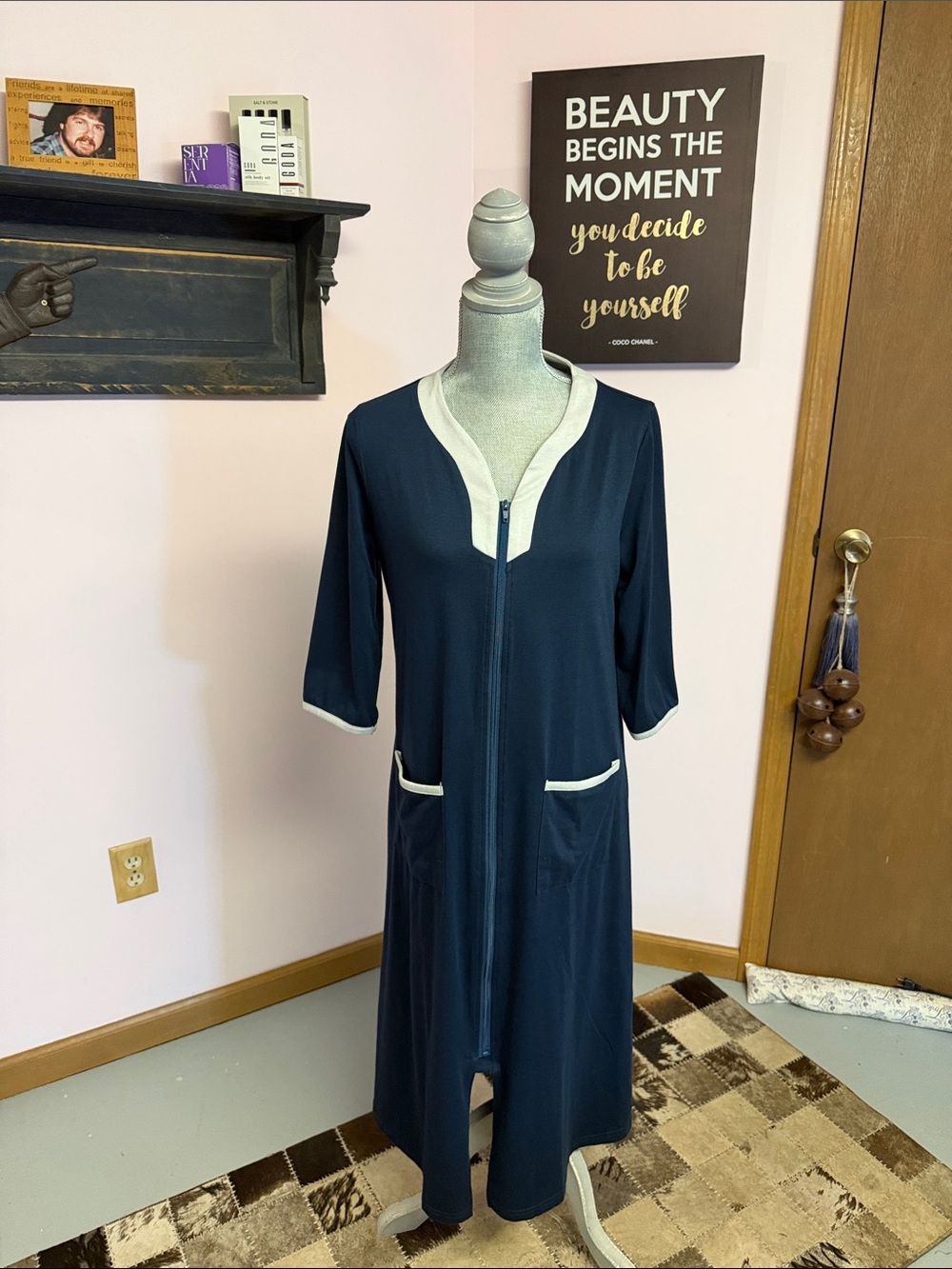 Navy Zip-Front Dress with White Trim